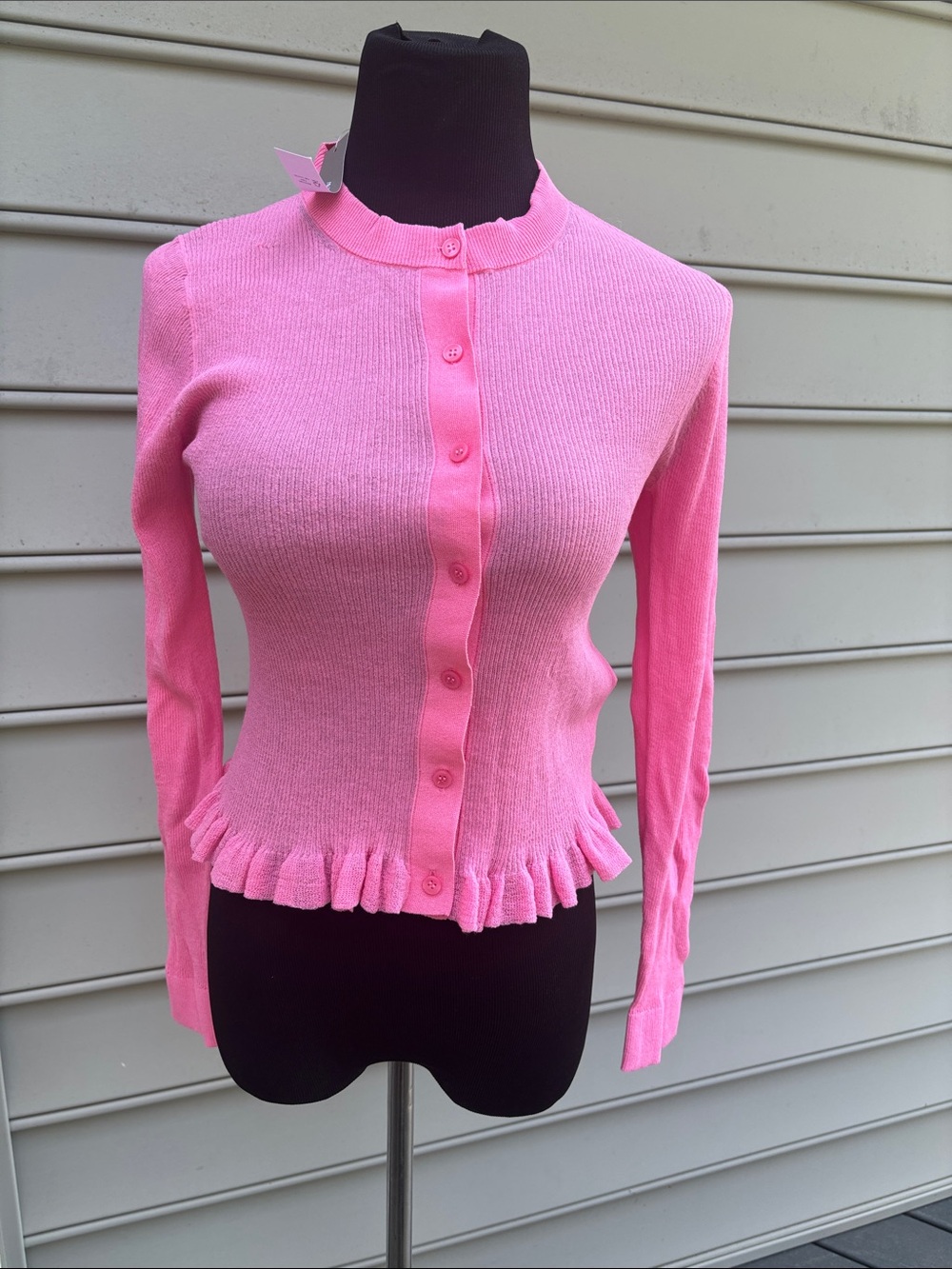 Pink Ruffled Hem Button-Up Cardigan